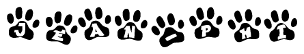 The image shows a series of animal paw prints arranged in a horizontal line. Each paw print contains a letter, and together they spell out the word Jean-phi.