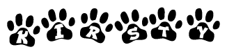The image shows a row of animal paw prints, each containing a letter. The letters spell out the word Kirsty within the paw prints.