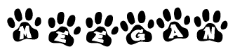 The image shows a series of animal paw prints arranged in a horizontal line. Each paw print contains a letter, and together they spell out the word Meegan.