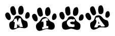 The image shows a series of animal paw prints arranged in a horizontal line. Each paw print contains a letter, and together they spell out the word Mica.