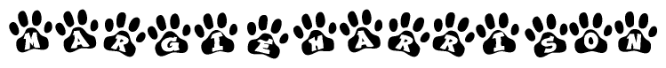 The image shows a series of animal paw prints arranged horizontally. Within each paw print, there's a letter; together they spell Margieharrison