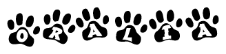 The image shows a row of animal paw prints, each containing a letter. The letters spell out the word Oralia within the paw prints.