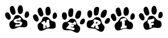 The image shows a row of animal paw prints, each containing a letter. The letters spell out the word Sherif within the paw prints.