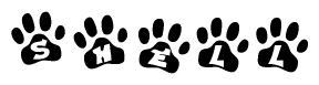The image shows a series of animal paw prints arranged in a horizontal line. Each paw print contains a letter, and together they spell out the word Shell.