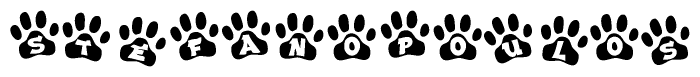 The image shows a series of animal paw prints arranged in a horizontal line. Each paw print contains a letter, and together they spell out the word Stefanopoulos.