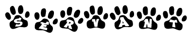 The image shows a row of animal paw prints, each containing a letter. The letters spell out the word Servant within the paw prints.