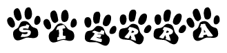 The image shows a row of animal paw prints, each containing a letter. The letters spell out the word Sierra within the paw prints.