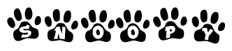 The image shows a row of animal paw prints, each containing a letter. The letters spell out the word Snoopy within the paw prints.