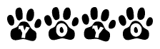 The image shows a series of animal paw prints arranged in a horizontal line. Each paw print contains a letter, and together they spell out the word Yoyo.