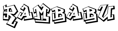 The image is a stylized representation of the letters Rambabu designed to mimic the look of graffiti text. The letters are bold and have a three-dimensional appearance, with emphasis on angles and shadowing effects.