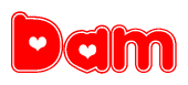The image displays the word Dam written in a stylized red font with hearts inside the letters.