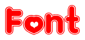 The image is a red and white graphic with the word Font written in a decorative script. Each letter in  is contained within its own outlined bubble-like shape. Inside each letter, there is a white heart symbol.