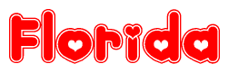 The image is a red and white graphic with the word Florida written in a decorative script. Each letter in  is contained within its own outlined bubble-like shape. Inside each letter, there is a white heart symbol.