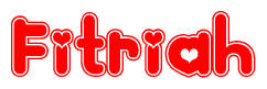The image is a red and white graphic with the word Fitriah written in a decorative script. Each letter in  is contained within its own outlined bubble-like shape. Inside each letter, there is a white heart symbol.