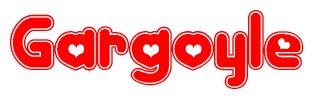 The image is a red and white graphic with the word Gargoyle written in a decorative script. Each letter in  is contained within its own outlined bubble-like shape. Inside each letter, there is a white heart symbol.