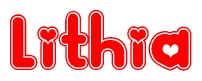 The image is a clipart featuring the word Lithia written in a stylized font with a heart shape replacing inserted into the center of each letter. The color scheme of the text and hearts is red with a light outline.