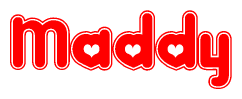 The image is a clipart featuring the word Maddy written in a stylized font with a heart shape replacing inserted into the center of each letter. The color scheme of the text and hearts is red with a light outline.