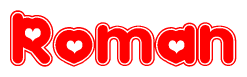The image is a red and white graphic with the word Roman written in a decorative script. Each letter in  is contained within its own outlined bubble-like shape. Inside each letter, there is a white heart symbol.