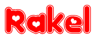 The image displays the word Rakel written in a stylized red font with hearts inside the letters.