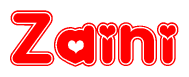 The image is a red and white graphic with the word Zaini written in a decorative script. Each letter in  is contained within its own outlined bubble-like shape. Inside each letter, there is a white heart symbol.
