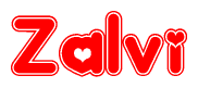 The image is a clipart featuring the word Zalvi written in a stylized font with a heart shape replacing inserted into the center of each letter. The color scheme of the text and hearts is red with a light outline.