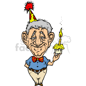 The clipart image depicts a happy person (man) celebrating. He is wearing a party hat, with a pattern of yellow and red, and holds a small cupcake with a single lit candle. His shirt is blue with a colorful bow tie, and he has a gentle smile on his face. His eyes are shut in contentment or perhaps making a wish, adding to the overall joyful atmosphere of a birthday or anniversary celebration.