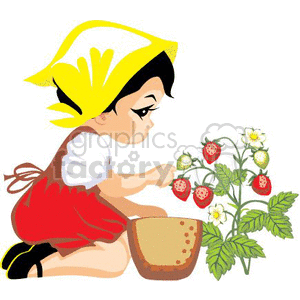Little Girl Wearing a Yellow Handkerchief on her Head Picking Some Strawberries