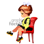 The clipart image features a cartoon of a young girl sitting on a red chair. She has short brown hair with a white bow, is wearing a yellow top, a black skirt, and black and yellow shoes. Her feet are swinging off the chair, and she appears to be in a relaxed or waiting pose.