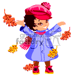 The clipart image depicts a cartoon character of a child dressed in a blue coat, pink hat, and pink shoes, with a red scarf around the neck. The child is holding autumn leaves in both hands and is smiling, giving the impression of playing or frolicking in the fall season.