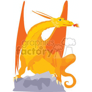 The clipart image features a yellow-orange fantasy dragon with large wings and a long tail perched atop a rocky outcrop. The dragon is depicted in a side profile, with its wings spread out behind it and its mouth open, showing a small flame.