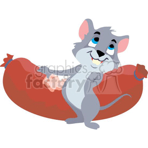 The clipart image depicts a cartoon mouse standing with a large hot dog sausage. The mouse appears cheerful and is holding onto the sausage with both hands. The sausage has a bite taken out of one end, which suggests the mouse might have been enjoying a snack.