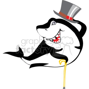 This clipart image features a stylized, cartoonish shark. The shark appears happy and is smiling broadly, showing its teeth. It is wearing a top hat on its head, adding a touch of formality and whimsy. In one fin, it is holding a cane, which further conveys an air of sophistication or perhaps suggests the shark is playing the role of a gentleman or a friendly host.