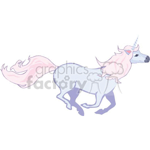 The image is a clipart of a unicorn, a fictional and mythical creature often depicted in fantasy tales. It appears to be running or trotting, illustrated with a flowing pink mane and tail and the distinctive single horn on its forehead.