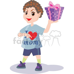 A boy wearing an I love mom shirt holding up a present