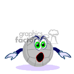 The image is an animated clipart of a volleyball with a face, arms, and gloves. The volleyball character has green eyes, raised eyebrows, and an open mouth, suggesting a surprised or shocked expression.