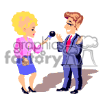 The clipart image features two animated characters: a woman holding a microphone toward a man who is speaking into it. The woman appears to be interviewing the man. They both are smiling and dressed in professional attire.