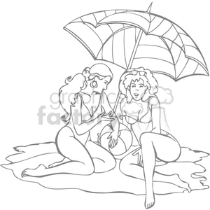 Two women at the beach under an umbrella