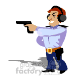 The clipart image features a cartoon character of a security guard or policeman. The character is wearing a light blue shirt with dark blue pants, a belt with a holster, and a cap. He is holding a pistol in his right hand, aiming it forward. He also wears headphones or earmuffs, likely for hearing protection during shooting practice.