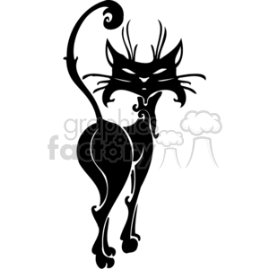 This is a clipart image of a stylized black cat in a pose that is commonly associated with Halloween. The cat appears to have an arching back, extended whiskers and a curled tail, which gives it a spooky or mysterious look. This type of image might be used for Halloween decorations, signage, or themed graphics.