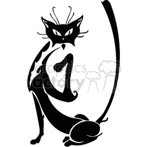 The image is a stylized black and white clipart of a whimsical cat. It depicts the feline in a playful or curious pose with exaggerated features such as large eyes, pointy ears with prominent tufts, and a long, curled tail. The cat's posture suggests movement or an attentive stance. The design is clean and simple, making it suitable for vinyl-ready signage or other graphic uses.