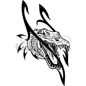 This clipart image depicts a stylized alligator or crocodile. It is designed in a tribal tattoo style with bold black lines and sharp angles. The illustration shows the creature with an open mouth, revealing sharp teeth, and it has an overall aggressive and predatory appearance.