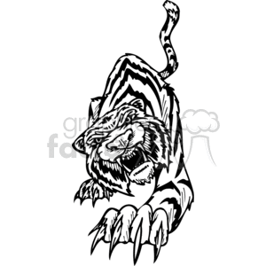 The image is a black and white clipart depiction of a roaring tiger. It features a stylized design with bold lines and contrasting patterns that indicate the tiger's stripes and fur. The tiger's pose suggests aggression with its claws extended, capturing a sense of attack or prowling behavior. This image could be suited for use as a tattoo design, vinyl cutter artwork, or as an emblem for wildlife conservation and strength.