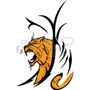The clipart image features a stylized illustration of a roaring wildcat. The design is bold and graphic, primarily constructed with black outlines and filled with a vibrant orange color, contrasted with white accents. Its fierce expression and the dynamic pose make it suitable for various applications such as logos, tattoos, vinyl cutouts, or any artwork where a representation of strength and ferocity is desired. It portrays a sense of aggression and power, making it suitable for sports teams or brands looking to convey a strong and untamed image.