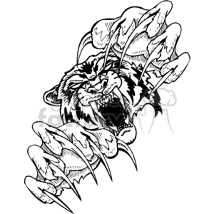 The clipart image showcases an aggressive and roaring tiger with its claws extended out as if it's attacking or prowling. It is a stylized and decorative black and white design that seems to be suitable for use as a vinyl-ready cutter design, possibly intended for signage, decals, or tattoos given its bold and dynamic style.
