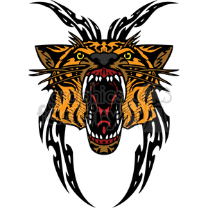 The clipart image depicts a stylized, aggressive tiger's head with an open mouth showing fangs. It is designed with bold black lines and filled with orange and black colors, embodying a tattoo-like aesthetic. This design is suitable for vinyl-ready cutter use.