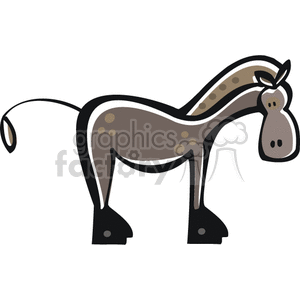 The clipart image depicts a stylized illustration of a donkey. Characteristics evident in the image that suggest it is a donkey include its long ears, short mane, and tail with a tuft at the end. The donkey is grey with darker grey spots and a paler muzzle.