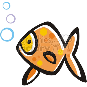 The image depicts a stylized illustration of a goldfish with a cartoonish appearance. The goldfish is orange with spots, and it has a big, prominent eye. Above the fish, there are three simple blue bubbles ascending, indicating that the fish is underwater.