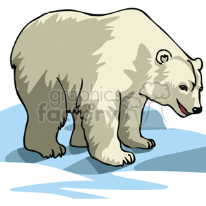 The image is a cartoon of a polar bear, with a close-up of its face, feet and eyes. The bear is white, with a black outline, and its eyes are brown. Its snout is visible, and its feet are large and furry. The background of the image is white with a blue icy surface