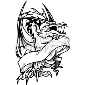This clipart image features a black and white line drawing of a fearsome dragon wrapped around a scroll or banner. The dragon has pronounced scales, fierce eyes, sharp teeth, and large claws, giving it an intimidating appearance. The scroll is unfurled with twists that suggest movement or wind.