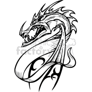 This is a black and white clipart image of a stylized dragon. The dragon design is intricate with sharp edges, spiky features, and elaborate swirls that could be reminiscent of tribal tattoo designs. It is depicted in a dynamic pose with its mouth open, showing teeth and a fierce expression. The dragon is intertwined with a scroll or banner-like design that adds to the decorative aspect of the image. This image could be suitable for vinyl cutting due to its bold lines and clear contrast, making it a good choice for decals, stickers, or similar applications.